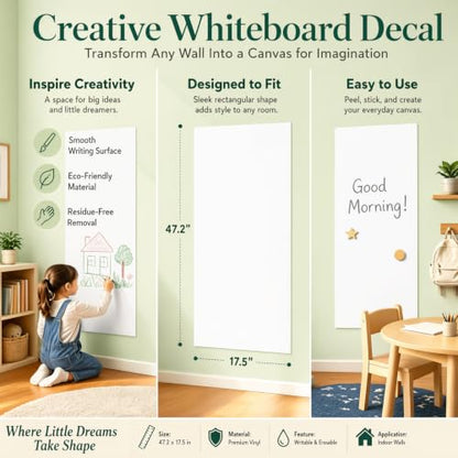 Magnetic Wall Sticker Dry Erase Whiteboard Contact Paper 47.2" x 17.5" Self Adhesive Magnet White Board Wallpaper Peel and Stick Wall Decal for Home Playroom Classroom - color: White
