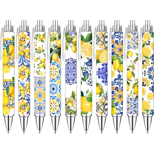 Idealmuzik Capri Lemon Ballpoint Pens Set – Mediterranean Lemon Design Pens for Office, Students & Stationery Lovers – Smooth Writing Pens for Journaling, Notes & Gifts – Bright Aesthetic, 10 Pack - color: New Capri lemon