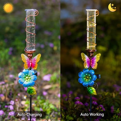 Rain Gauge Outdoor, Solar Water Gauge for Rain - color: Blue Flower-Butterfly