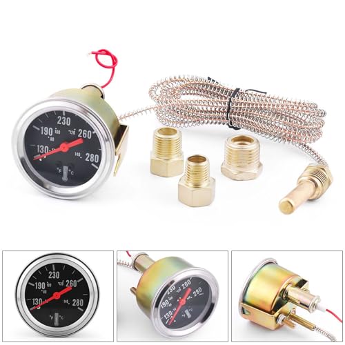 Dyno Racing 2" 52mm 12V Pointer Mechanical Water Temperature Temp Gauge (50-140℃,130-280℉),Yellow Light Car Meter with Sensor NPT 1/2, NPT 3/8, NPT 1/4, 1.8m Wire Length - style: 50-140℃ & 130-280℉