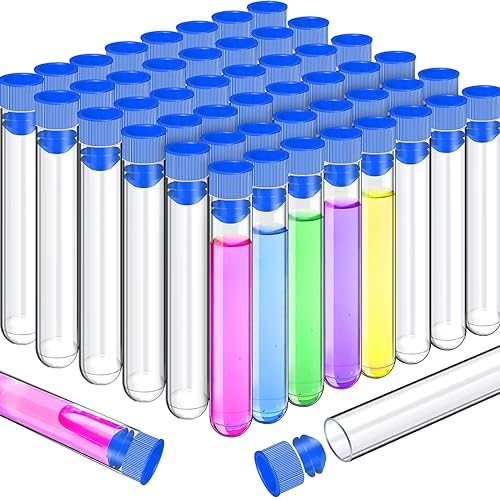 Teenitor 50 Pack Clear Plastic Test Tubes with Blue Caps, 16×100mm, Good Seal for Jewelry Seed Beads Powder Spice Liquid Experiment Halloween Birthday Party - color: Blue, size: 13ML