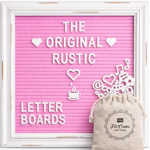 Pink Felt Letter Board Baby Announcement Sign with Rustic Wood White Frame - Rustic Farmhouse Letter Board Sign with Stand - 10x10 Felt Board Changeable Message Board with 350 Letter Set - color: Pink, size: 10x10 inches