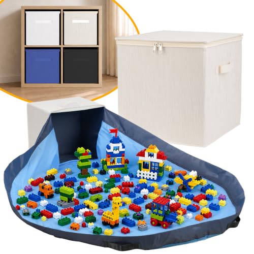 SAM AND MABEL Toy Storage Organizer with Attached Play Mat for Kids – 13" x 13" x 13" Stackable and Foldable Cubby Box Nursery Organizers, Storage Bins with Lid for Playroom (Cream Bamboo) - color: Cream Bamboo