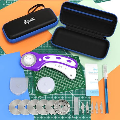 45mm Rotary Cutter | Rotary Fabric Cutter | Rotary Cutters for Sewing, Scrapbooking, Hobbies, DIY | A6 Cutting Mat, Storage Boxes, Precision Knives, Ruler, Spare Blades | Fabric Roller Cutter (Purple) - color: Purple