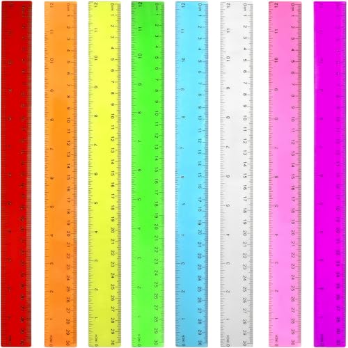 Colorful Clear Plastic Rulers 12 Inch - 8 Pack Transparent Assorted Color Rulers with Centimeters, Millimeters and Inches, Straight Rulers Bulk for Kids School, Classroom, Home & Office Supplies