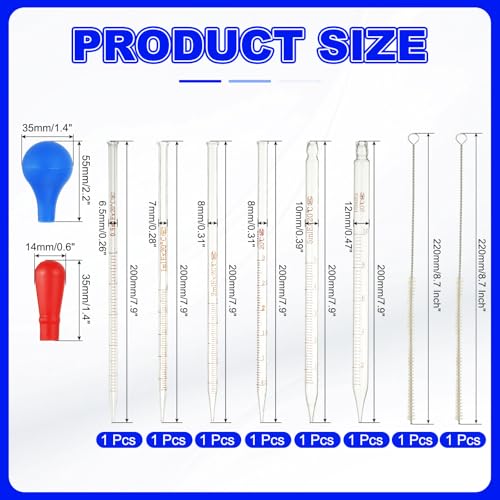 PATIKIL Graduated Dropper Pipettes Kit, 0.5/1/2/3/5/10ml Borosilicate Glass Pipette with Blue Rubber Cap and Brush for Transfer Liquid for Lab, Chemistry, Clear