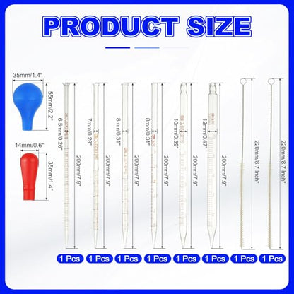 PATIKIL Graduated Dropper Pipettes Kit, 0.5/1/2/3/5/10ml Borosilicate Glass Pipette with Blue Rubber Cap and Brush for Transfer Liquid for Lab, Chemistry, Clear