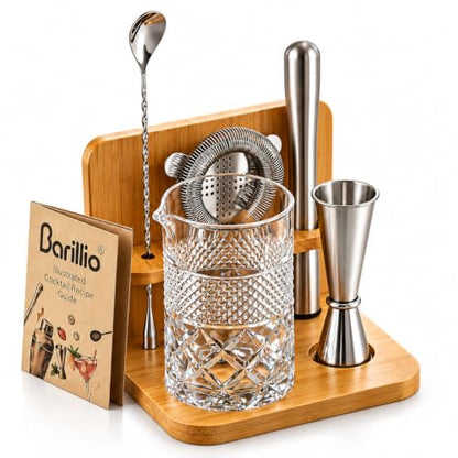 Barillio 24 Oz Crystal Cocktail Mixing Glass with Bamboo Stand & Bar Tools | Seamless Lead-Free Crystal, Weighted Base Stirring Pitcher | Including Muddler, Mixing Spoon, Jigger and Strainer - size: 7-Piece Set (24 oz)