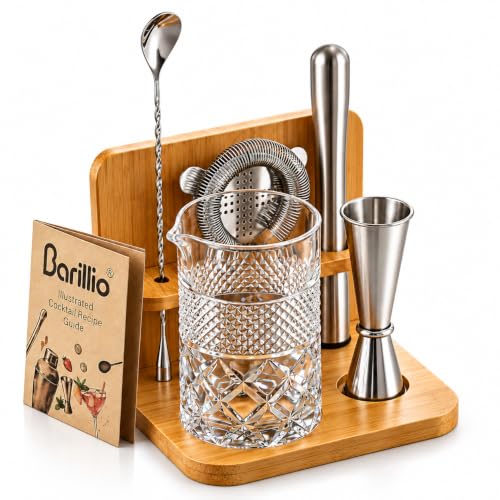 Barillio 24 Oz Crystal Cocktail Mixing Glass with Bamboo Stand & Bar Tools | Seamless Lead-Free Crystal, Weighted Base Stirring Pitcher | Including Muddler, Mixing Spoon, Jigger and Strainer - size: 7-Piece Set (24 oz)
