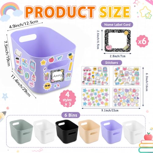 6 Pack Large Plastic Book Bins for Classroom with Composition Label Stickers Large Stackable Toy Storage Baskets Boxes Book Storage Bins for Back to School Library Home Office Organization Supplies