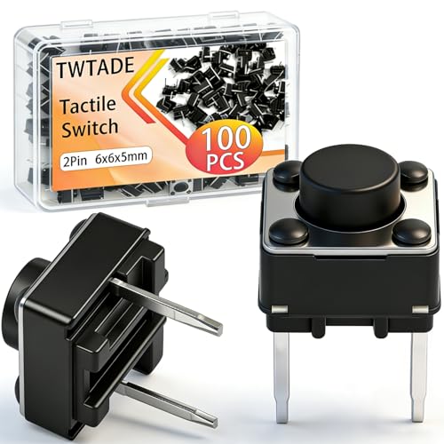 TWTADE 100Pcs Micro Momentary Tactile Push Button Switch 6x6x5mm 2 Pin Tact Switch Assortment Kit - color: Black-2 Pin/100Pcs