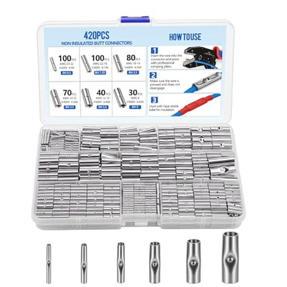 420PCS Non Insulated Butt Connectors Kit, Tinned Copper Wire Connectors, 24-8 AWG Crimp Connectors, Uninsulated Butt Connector Terminals for Automotive, RV, Marine, Trailer, Car Audio Wiring - style: 420 PCS Non Insulated Connectors