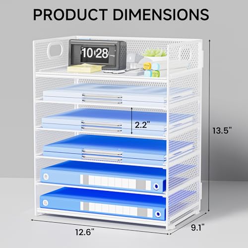 Paper Organizer for Desk with Handle, 6-Tier - color: White, size: 12.6" x 9.1" x 13.5"