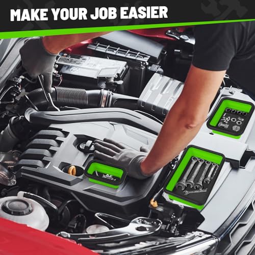 Collapsible Magnetic Parts Tray Set, 3 Different Size Tool Trays, Green - color: Green