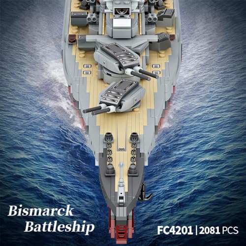 MISINI Technik FC4201 German Battleship Bismarck Clamp Blocks, 2081 PCs/MOC Large WWII German Military Warship Marine Battleship Model for Adult