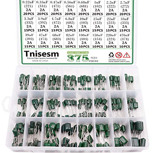 Tnisesm 375 Pcs 24 Value Metalized Mylar Polyester Film Capacitors Assortment Kit 0.22nF - 470nF 100V in a Box Tn-20-4 - color: Film Capacitors Kit
