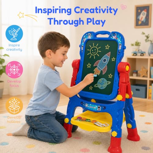 Easel for Kids, Double-Sided Magnetic Drawing Board with Art Set - color: Red
