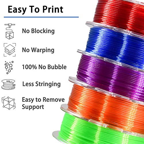 PETG Filament 1.75mm, Clear Transparent Filament 5 Colors, 3D Printer Filament Bundle Multicolor, 1.75 PETG +/- 0.02mm, 3D Printing Red Green Blue Purple Orange 200g x 5 Spools - color: 5 Pack Petg