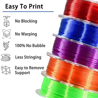 PETG Filament 1.75mm, Clear Transparent Filament 5 Colors, 3D Printer Filament Bundle Multicolor, 1.75 PETG +/- 0.02mm, 3D Printing Red Green Blue Purple Orange 200g x 5 Spools - color: 5 Pack Petg