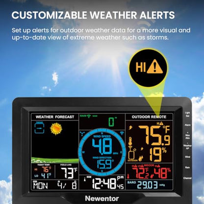 Newentor Weather Station Wireless Indoor Outdoor, Weather Stations with Rain Gauge and Wind Speed, Thermometer Weather Clock Barometers for Home, Atomic Clock with Wind Meter Sensor, Black