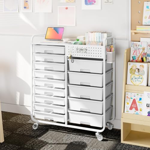 14 Drawer Rolling Storage Cart with Tabletop and Pegboard for Crafts White - color: White