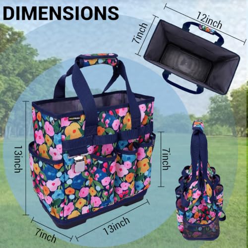 MELOTOUGH 12-Pocket Garden Tool Bag with Hard Bottom, Gardening Tote, Blue - color: Blue Flower