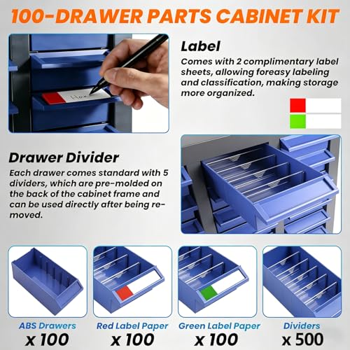 100 Drawer Alloy Steel Nut and Bolt Organizer, ABS Material Bolts Organizer, 26" L×9" W×46" H Drawer Parts Storage Cabinet, with Dividers and Labels for Laboratory, Studio, Home Use/Blue (100Drawer) - size: 100Drawer