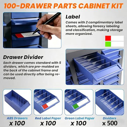 100 Drawer Alloy Steel Nut and Bolt Organizer, ABS Material Bolts Organizer, 26" L×9" W×46" H Drawer Parts Storage Cabinet, with Dividers and Labels for Laboratory, Studio, Home Use/Blue (100Drawer) - size: 100Drawer