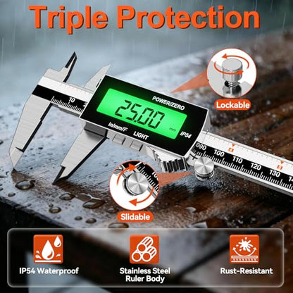 Preciva Backlight Digital Caliper,6inch IP54 Waterproof Rechargeable Electronic Micrometer with LCD Screen, Measurement Conversions for in/MM/F Precision Tool for DIY and Professional Use（Black） - color: Black