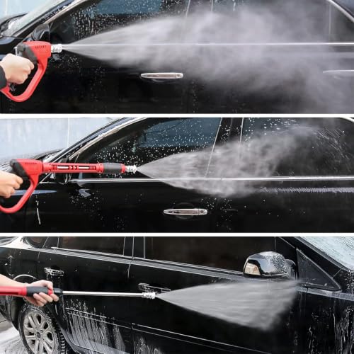 Upgraded Pressure Washer Gun with Extension Replacement Wand, M22 Fitting,7 Inch 30 Degree Curved Rod, 5 Nozzle Tips, 5000 PSI, 47 Inch - color: black and red