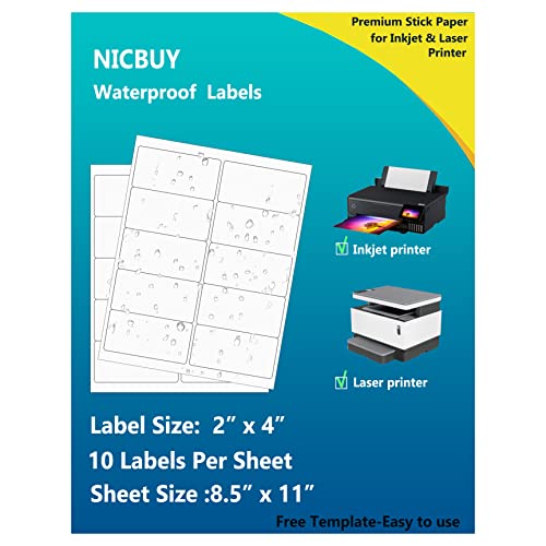 200 Pcs Bottle Labels 4x2 inch Printable Glossy White Waterproof Vinyl Sticker Labels for Inkjet or Laser Printer - size: 4x2 inch