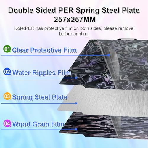 Smooth Dual-Sided PER Build Plate for Bambu Lab X2D/X1/X1C/X1E/P1P/P1S/P2S/A1, Wood Grain + Water Ripples Pattern Spring Steel Plate Effect Sheet for Bambu 3D Printers 256x256mm - color: Per (Water Ripples+wood Grain)