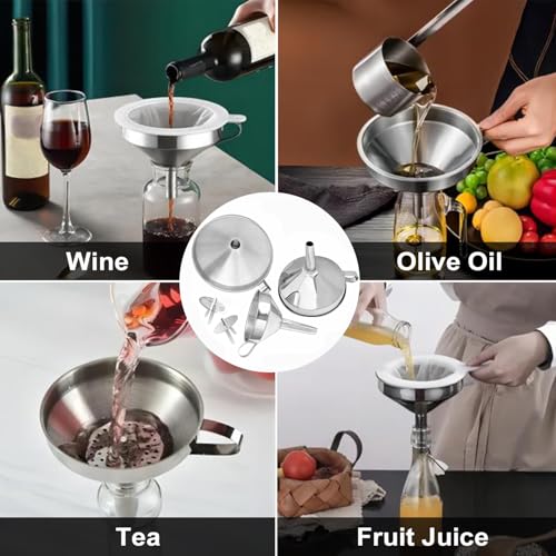Stainless Steel Funnels for Kitchen use,4PCS Kitchen Metal Funnel with 2 Removable Strainer,Cleaning Brush.Funnel for Filling Bottles,for Transferring of Liquid,Oils,Jam (5.1",3",2.2",1.8") - size: 4pcs Funnel set