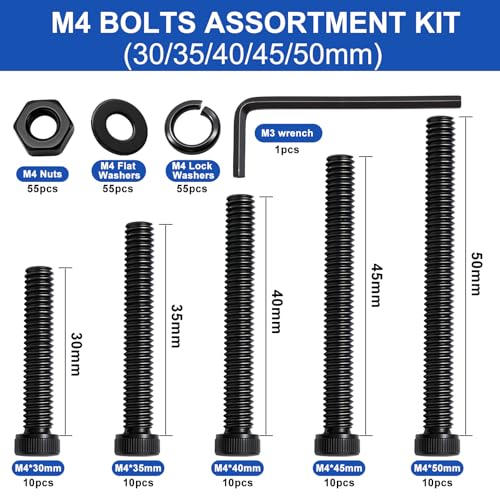 Taiss 220PCS M4 Screw Kit M4 x 30/35/40/45/50mm,Black Hex Socket Head Cap Metric Screws,Bolts and Nuts Washers Assortment Kit,12.9 Grade Alloy Steel Bolts for 3D Printer - color: BK 220PCS M4 Kit