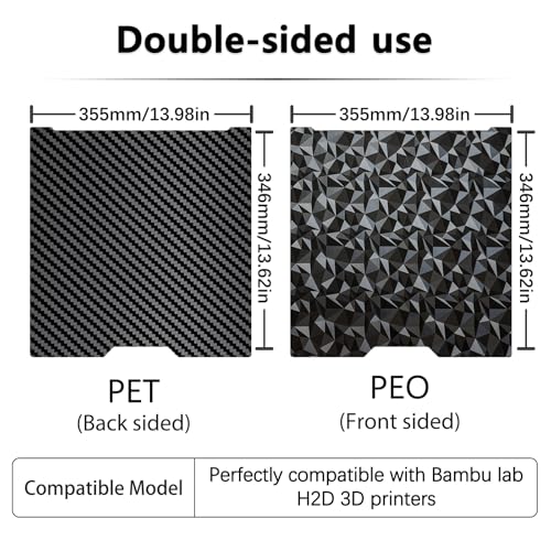 355x346mm H2D Build Plate for Bambu Lab H2D/H2S,Double Sided PEO PET Flexible Removable Spring Steel Heated Printing Bed Platform,Removable Heated Bed for H2D Combo/H2S(Carbon Fiber+Diamond) - color: PEO PET Plate(Black)