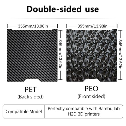 355x346mm H2D Build Plate for Bambu Lab H2D/H2S,Double Sided PEO PET Flexible Removable Spring Steel Heated Printing Bed Platform,Removable Heated Bed for H2D Combo/H2S(Carbon Fiber+Diamond) - color: PEO PET Plate(Black)