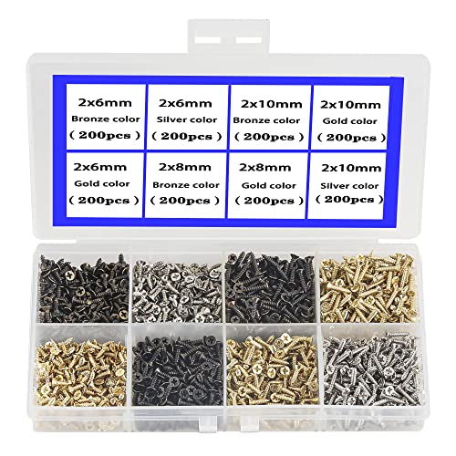 newlng 1600pcs Small Screws 2 * 6/8/10mm Phillips Flat Head Cross Self Tapping Tiny Screw Cabinet Electronic Accessories Screw Multifunctional DIY Micro Woodworking Mini Screw Set Gold Black Silver - color: 2 Combination