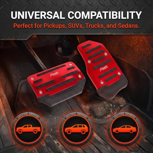 2 PCS Car Pedal Covers, Aluminum Alloy Non-slip Brake Throttle Pedal Covers Kit, Anti-rust Stripes Automatic Treadle Protector with "Sports", Universal for Most Cars, Trucks, Vans (Red) - color: Red