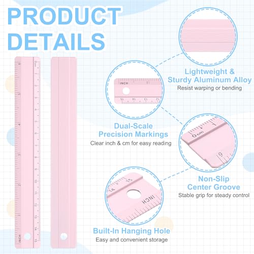 PATIKIL Metal Ruler 6"/15cm, 4Pcs Aluminum Straight Edge Ruler, Dual Scale - color: Pink/Yellow