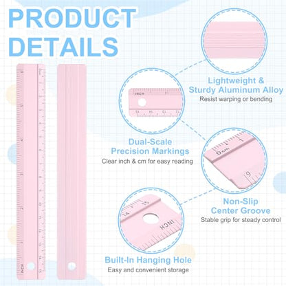 PATIKIL Metal Ruler 6"/15cm, 4Pcs Aluminum Straight Edge Ruler, Dual Scale - color: Pink/Yellow