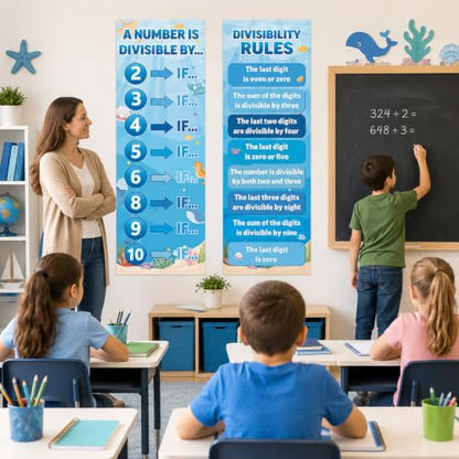 Educational Math Posters for Middle School Large Divisibility Mathematics Banner Ocean Theme Classroom Decor Blue Sea Math Posters Bulletin Board for Teachers Elementary High School Classroom Wall - style: Ocean