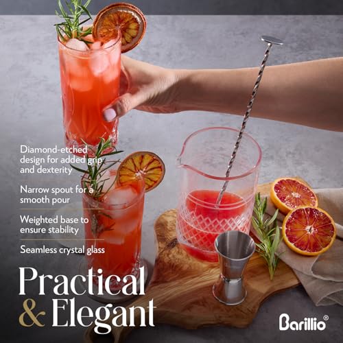 Barillio 20 Oz Crystal Cocktail Mixing Glass with Bamboo Stand & Bar Tools | Seamless Lead-Free Crystal, Weighted Base Stirring Pitcher | Including Muddler, Mixing Spoon, Jigger and Strainer - size: 7-Piece Set (20 oz)