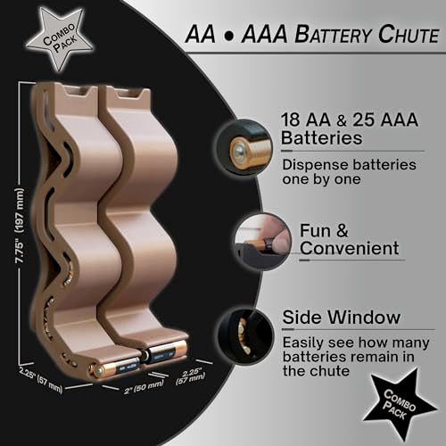 AA & AAA Battery Chute Combo, Wall-Mounted Battery Organizer & Dispenser – No-Jam FIFO Design, Holds 18 AA & 25 AAA Batteries – Brown - color: Brown