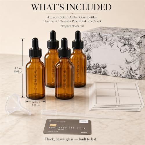 PrettyCare 12 Pack 2 oz Amber Glass Dropper Bottles with Graduated Scale, Thick Tincture Bottles for Essential Oils, Hair Oil & Perfume - Refillable Travel Containers with Silicone Tip - color: 2oz Amber with Black Cap, style: 12 Pack