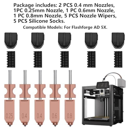 5 PCS Quick-Swap Nozzles Kit for AD5X, 2 PCS 0.4mm, 1 PC 0.25mm, 1 PC 0.6mm, 1 PC 0.8mm Hardened Steel Tip Integrated Nozzles with 5 PCS Silicone Socks and Nozzle Wiper for Flashforge AD5X - style: Multi Size