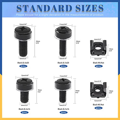 Glarks 80Sets/160Pcs M5 M6 Cage Nuts and Screws Set, M5 x 16mm, M5 x 20mm, M6 x 16mm, M6 x 20mm Square Hole Hardware Cage Nuts & Mounting Screws Washers for Server Rack and Cabinet (Black) (Pack of 2) - size: One Size (Pack of 2)