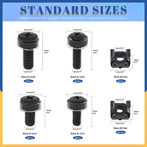 Glarks 80Sets/160Pcs M5 M6 Cage Nuts and Screws Set, M5 x 16mm, M5 x 20mm, M6 x 16mm, M6 x 20mm Square Hole Hardware Cage Nuts & Mounting Screws Washers for Server Rack and Cabinet (Black) (Pack of 2) - size: One Size (Pack of 2)