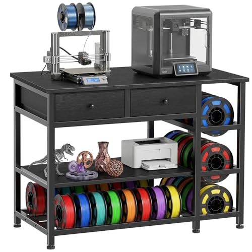 3D Printer Stand with Filament Storage - Heavy Duty 3-Tier 3 D Printer Table Shelf with 2 Fabric Drawers, 3 D Printing Desk for Tools and Supplies（Black）