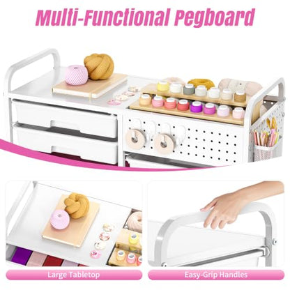 14 Drawer Rolling Storage Cart with Tabletop and Pegboard for Crafts Pink - color: Pink