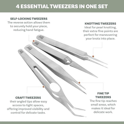 The Beadsmith Crafter’s Tweezers Set – 4-Piece Stainless Steel Set, Includes Knotting, Self-Locking, Fine Tip, and Angled Craft Tweezers